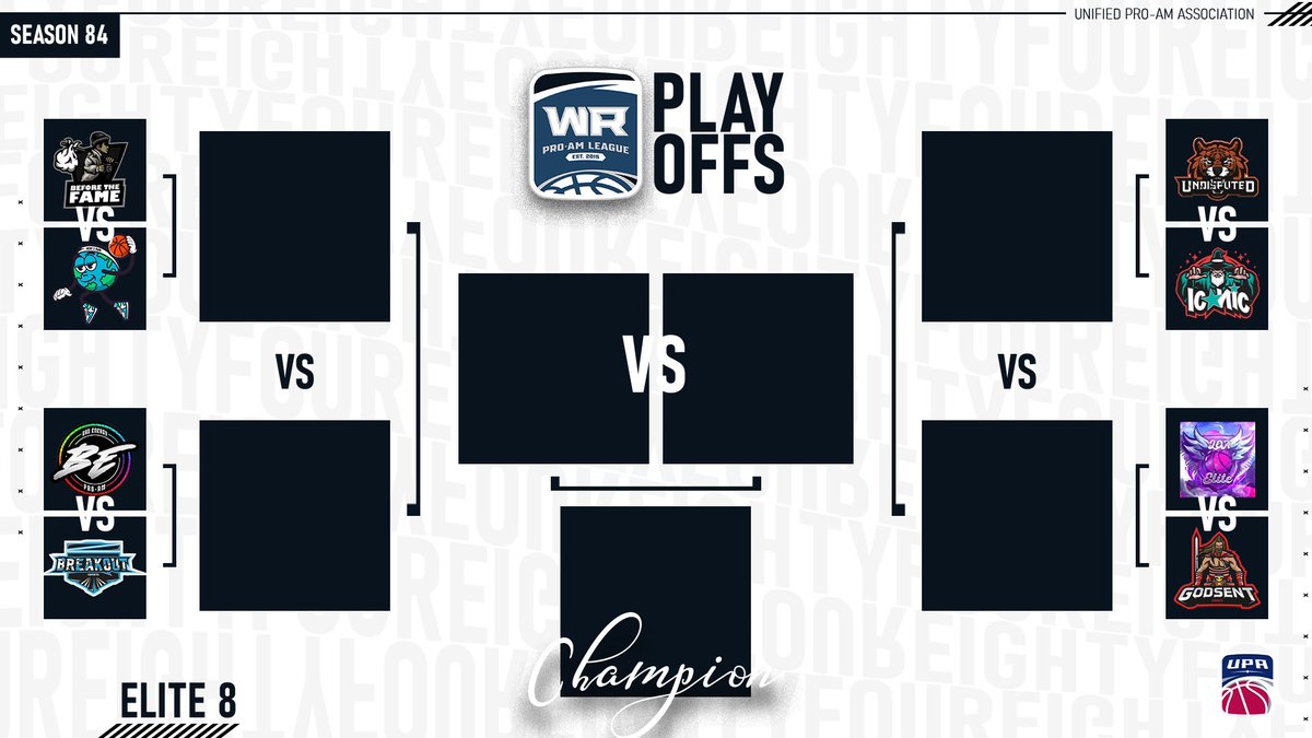 WR Pro-Am League (@wrproamleague) on Twitter photo 🏀WR Playoffs Elite 8🏀
We're down to the final eight teams of the playoffs!
Catch the action tonight!
<a href="/B4TheFame__/">💰Before The Fame</a> 🆚<a href="/HereToOwn_/">H2O Gaming💧</a>
@BadEnergy2k🆚<a href="/BreakouttGaming/">BREAKOUT</a>
<a href="/Undisputed_2K/">FiNAO x Undisputed</a> 🆚@ic0nic2k
<a href="/LoaEliteGT/">LOA ELITE</a>🆚<a href="/GODSENT2k/">MPBA WR GODSENT CHAMPS 💍☝🏻</a> 🏀WR Playoffs Elite 8🏀
We're down to the final eight teams of the playoffs!
Catch the action tonight!
<a href="/B4TheFame__/">💰Before The Fame</a> 🆚<a href="/HereToOwn_/">H2O Gaming💧</a>
@BadEnergy2k🆚<a href="/BreakouttGaming/">BREAKOUT</a>
<a href="/Undisputed_2K/">FiNAO x Undisputed</a> 🆚@ic0nic2k
<a href="/LoaEliteGT/">LOA ELITE</a>🆚<a href="/GODSENT2k/">MPBA WR GODSENT CHAMPS 💍☝🏻</a>