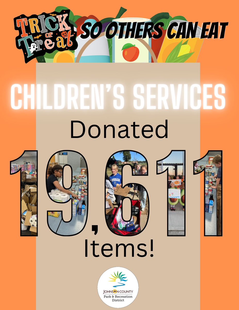 This year, JCPRD Children’s Services collected  19,611 items for local food pantries in Johnson County! Many of these sites rely on our donations to help local families! 

Way to go Children’s Services!