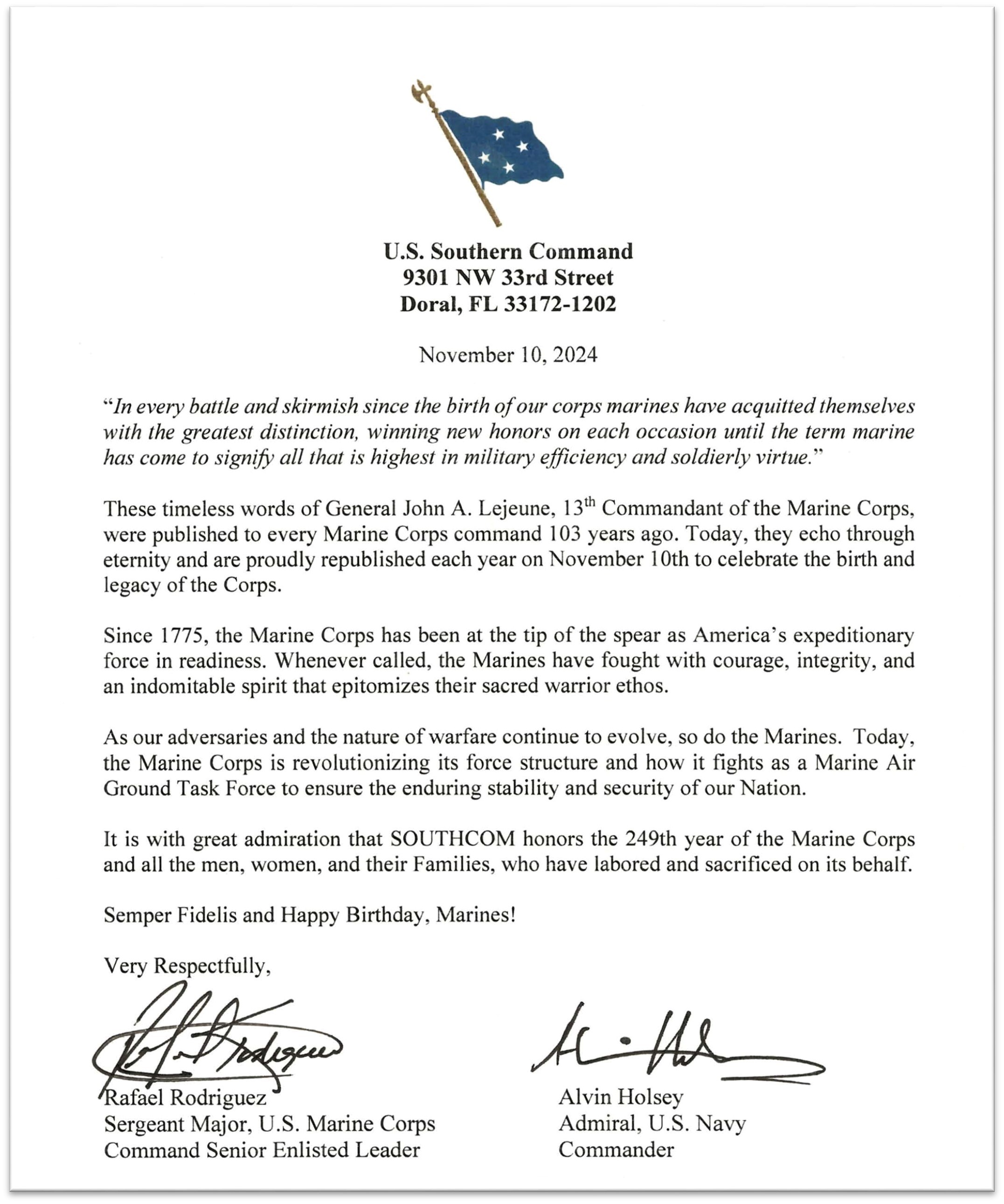 U.S. Southern Command on X: &ldquo;U.S. Marine Corps birthday message 