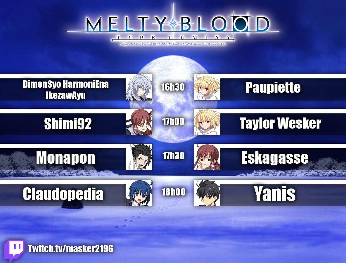 Hey ! More streams also means more events, we'll be going live on sunday the 10th with a bunch of FT7 sets between these members of the french MBTL community
It'll be streamed on my twitch channel as usual, come on in and take a look !
twitch.tv/masker2196