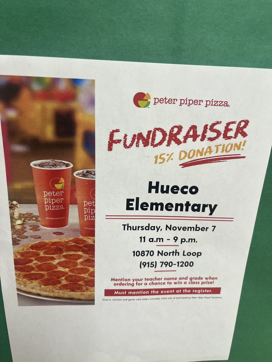 Diana Fuentes-Hueco ES CIS Program Coordinator (@dianafu2012) on Twitter photo Donโt make dinner come and support us in our Huecoโs parent night fundraiser!!! ๐ at Peter piper pizza north loop and horizon!! ๐๐๐ <a href="/CISElPaso/">Communities In Schools of El Paso</a> <a href="/Hueco_ES/">Greg M Hatch</a> @Steven_Hueco Donโt make dinner come and support us in our Huecoโs parent night fundraiser!!! ๐ at Peter piper pizza north loop and horizon!! ๐๐๐ <a href="/CISElPaso/">Communities In Schools of El Paso</a> <a href="/Hueco_ES/">Greg M Hatch</a> @Steven_Hueco