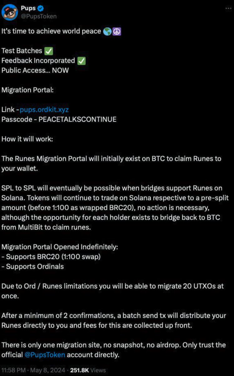 In May 2024, $PUPS token announced: 

“Migration portal opened indefinitely”

today, the rugged their own community of 8% supply for not migrating on time 

92% migrated. They’re trying to rug the 8%. They get blinded support of the 92% because they’re being promised CEX listings