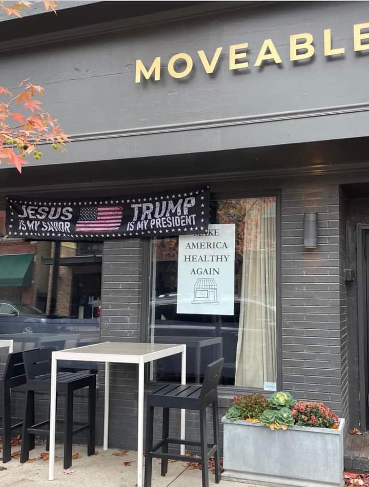 andieiamwhoiam's tweet image. Movable Feast, a restaurant in Wheaton Illinois is getting grief and harassment for this Trump sign. Please show  support for them. Call and buy a gift card. Go buy yourself some dinner and bring it home, have dinner on the premises but help please.
SHARE

moveablefeastandco.com