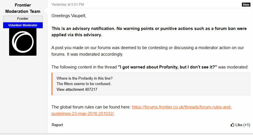 Vaupell's tweet photo. @frontierdev What is going on, I asked a question on the forums and the moderators gave me a warning. for posting a picture asking what and why is this profanity? To my knowledge there is no profanity here, I need to get this in the media. Because this is unacceptable. https://t.co/78MwttqT7Y
