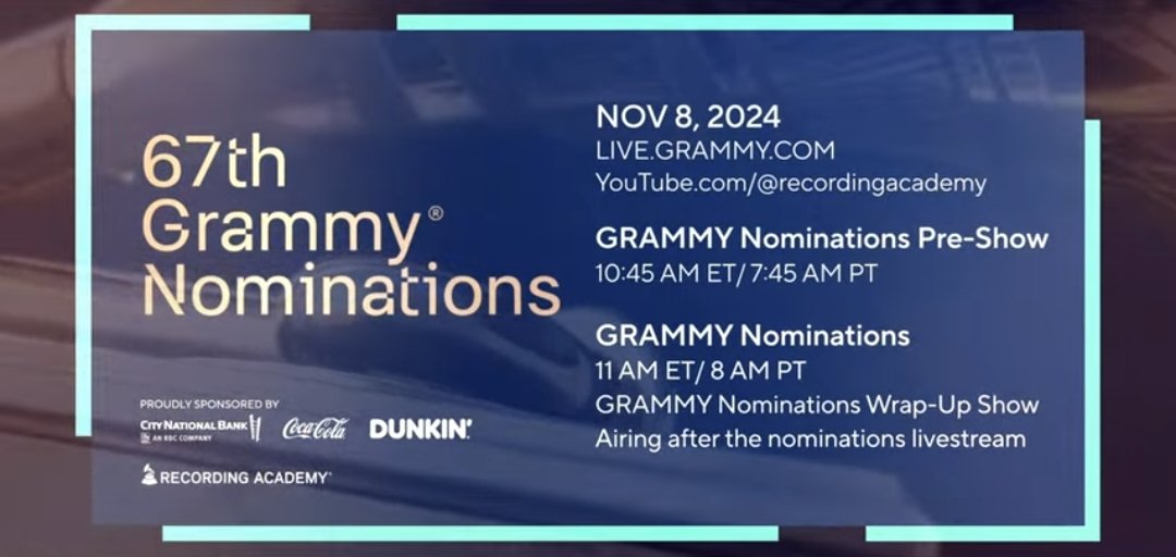 Melkenstock's tweet photo. Tomorrow!

2025 GRAMMY Nominations Pre-Show, GRAMMY Nominations Watch Live

📅 2024. 11. 9  00:45AM KST 
      2024. 11. 8  10:45AM ET 

📺 https://t.co/0cRWyNCZZ5 https://t.co/iUMlnJEQFC