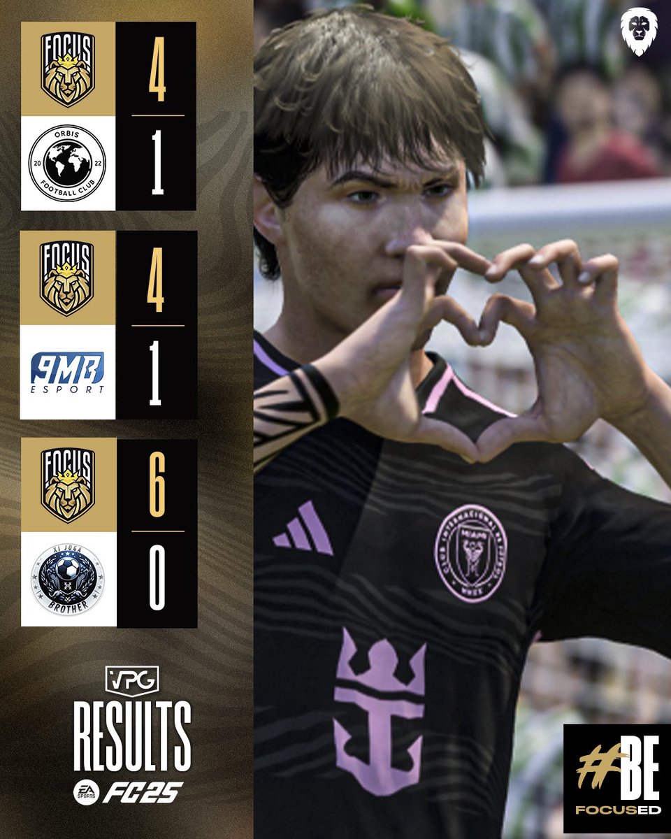 ⚽️ Focus Results <a href="/EASPORTSFC/">EA SPORTS FC</a> 

🗓️ 7th November 2024
🏆 <a href="/VPGUK/">VPG United Kingdom</a>  
🆚 <a href="/OrbisFIFA/">ORBIS</a> 4-1 ✅
🏆 <a href="/VPGUK/">VPG United Kingdom</a> 
🆚 <a href="/9MB_eSport/">9MB eSport</a> 4-1 ✅
🏆 <a href="/VPGEurope/">Virtual Pro Gaming | Europe</a> 
🆚 <a href="/joga_xi/">XI Joga Brother</a> 6-0 ✅

☑️ We love seeing all of us on form enjoying it! 🐐 Goat of the night <a href="/JackPriddy/">Jack</a> 🐐 

#BeFocused #VPG #FC25