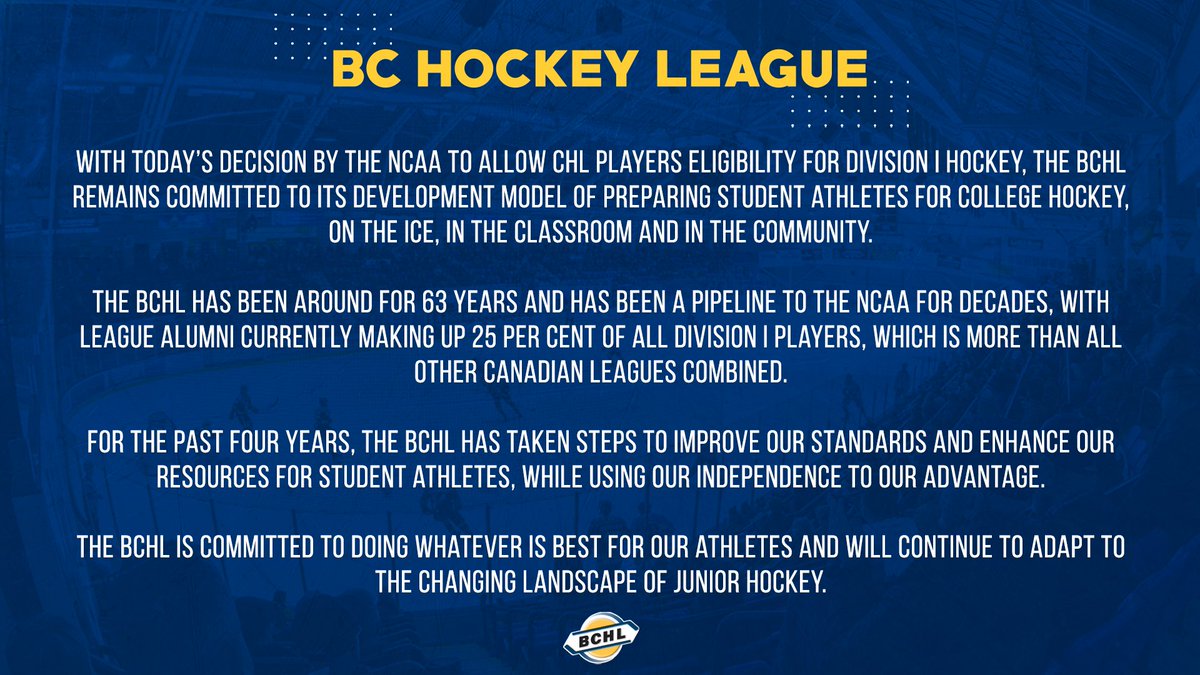 BCHockeyLeague's tweet photo. BCHL's statement regarding today's NCAA rule change. https://t.co/O37UeKgyFl