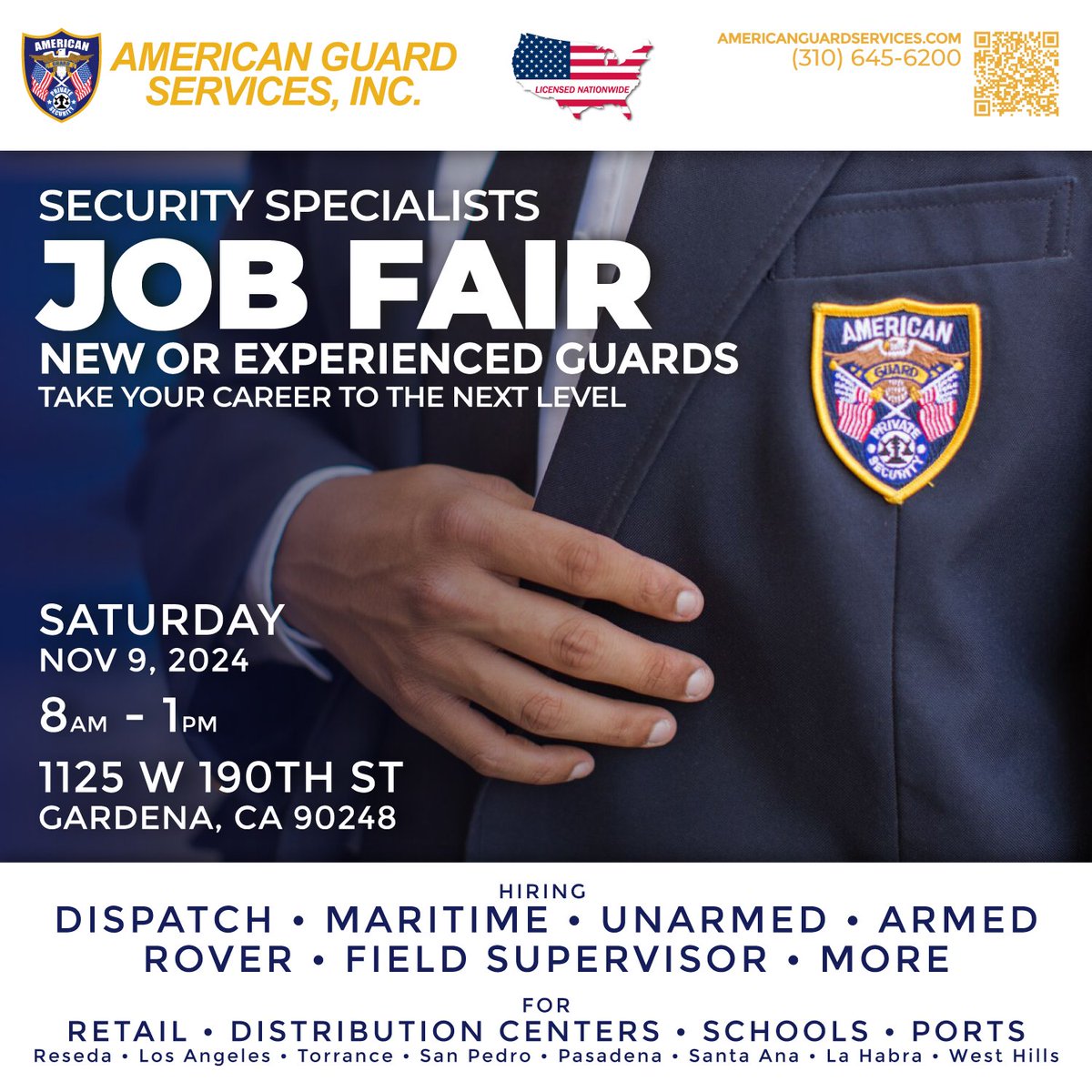 AmericanGuardS1's tweet photo. Experienced or New - join our Job Fair ark your calendar and bring your updated resume.
RSVP https://t.co/7gqfTLF2u9
Bring Valid Guard Card, Powers to Arrest (in hand), &amp; other certs

📞 More Info 310-645-6200
#HiringNow #LosAngelesJobs #SoCalHiring #CommunityHiringEvent https://t.co/wQsMNpD26i