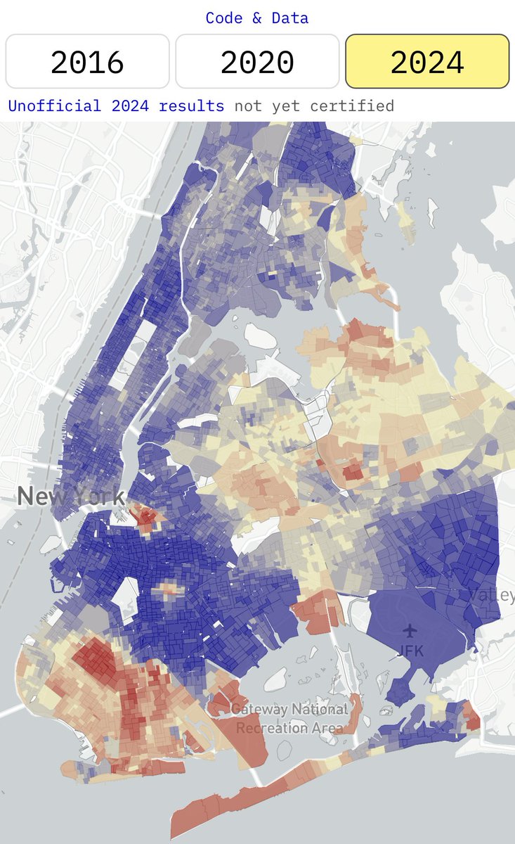 A lot of NYC locals are coping by blaming gentrifiers. Habibi, gentrifiers in the Brooklyn and Queens waterfront neighborhoods are one of the reasons why it wasn’t a complete red blowout.

Another hard truth: NYC’s Trump voters are white ethnic native New Yorkers and immigrants.