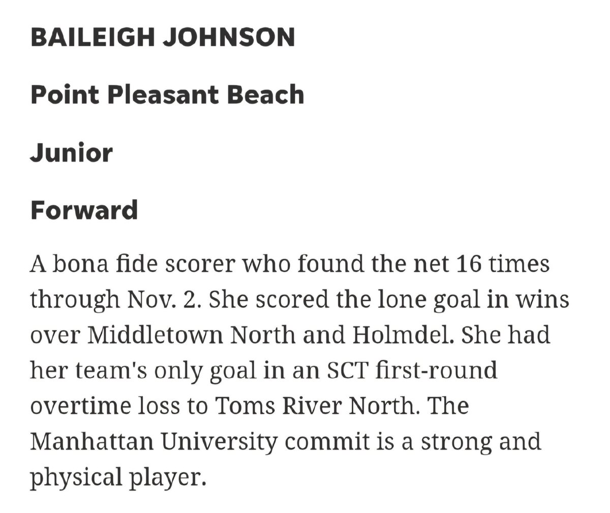 Thank you <a href="/KevinPerrington/">Kevin Perrington-Turner</a> and <a href="/APPSportsDesk/">APPSportsDesk</a> for the selection to the 2024 All Shore First Team! <a href="/JaspersWSOC/">Manhattan Women's Soccer</a>