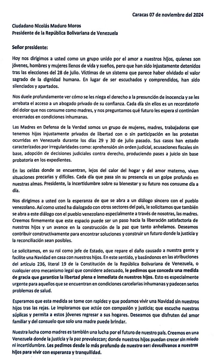 juanbarretoc's tweet photo. Madres Por La Verdad, solicitan muy respetuosamente, libertad para los ciudadanos presos luego de las elecciones del pasado 28-J… Aquí el contenido de la carta. https://t.co/hBytosGnVa