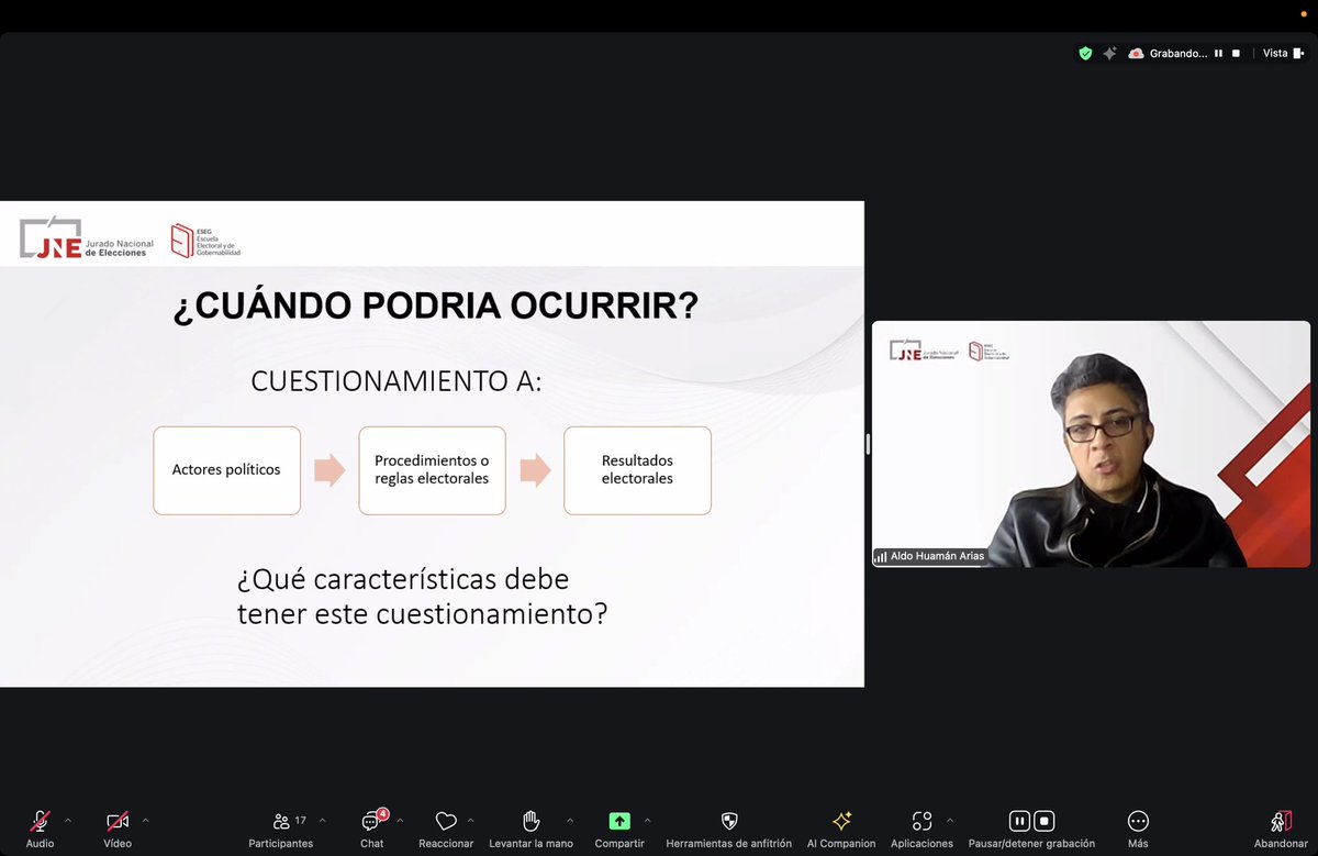 📌 Hoy, 07 de noviembre, se llevó a cabo el “Programa de Extensión Universitaria en Derecho, Gestión y Justicia Electoral para estudiantes de Ciencias Políticas, Ciencias Sociales y Humanidades” con la lección N° 7, a cargo de Aldo Huamán, especialista en conflictividad electoral