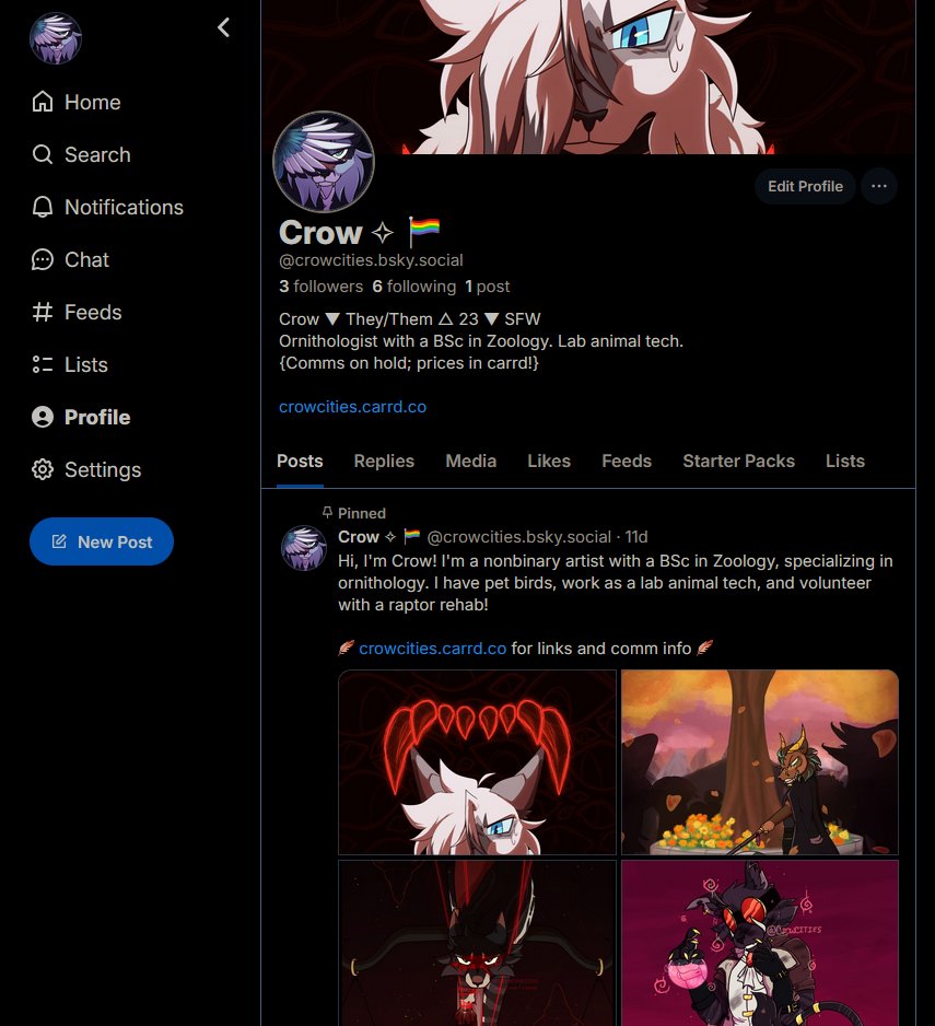 crowcities's tweet photo. I have a bluesky now! (Job been whooping my ass, so I've been inactive near everywhere whoops)
https://t.co/po482FvcrB https://t.co/4SXBVVr3YV