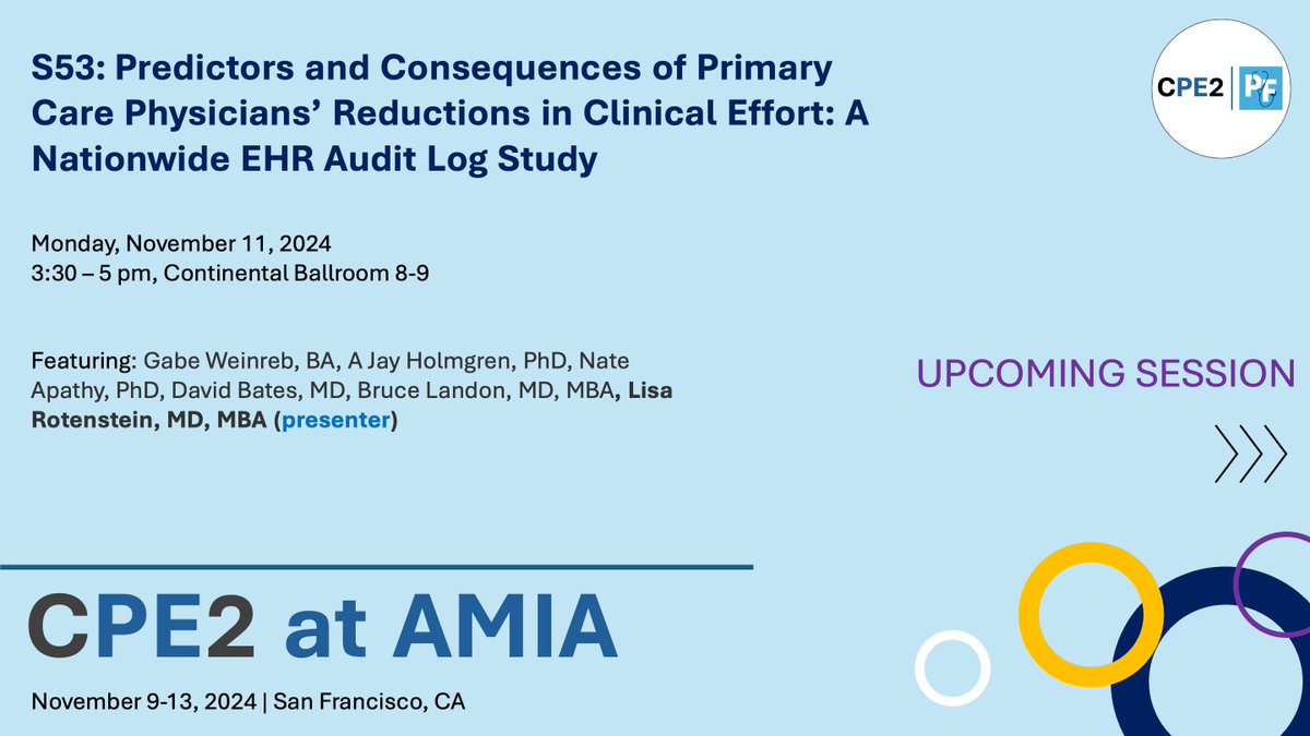 Center for Physician Experience (@cpe2_) on Twitter photo Hey #AMIA2O24 attendees! Interested in learning more about PCP reductions in clinical effort? Check out <a href="/LisaRotenstein/">Lisa Rotenstein MD</a>'spresentation on this topic coming up at 3:30 p.m. PST in Continental Ballroom 8-9. #CPE2 <a href="/UCSF_DOCIT/">UCSF DoC-IT</a> Hey #AMIA2O24 attendees! Interested in learning more about PCP reductions in clinical effort? Check out <a href="/LisaRotenstein/">Lisa Rotenstein MD</a>'spresentation on this topic coming up at 3:30 p.m. PST in Continental Ballroom 8-9. #CPE2 <a href="/UCSF_DOCIT/">UCSF DoC-IT</a>