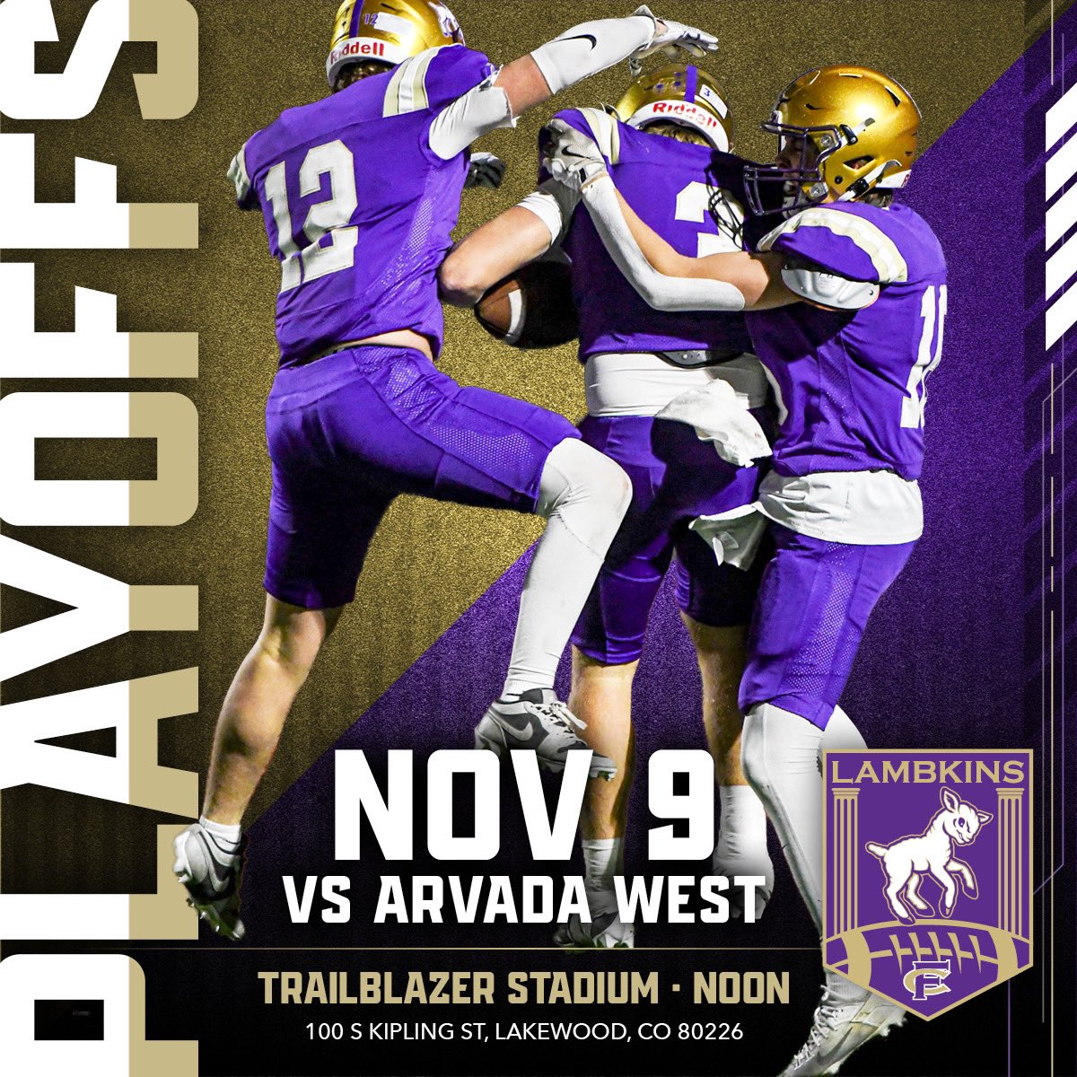 🚨Fort Collins Plays Arvada West this Saturday at Noon🚨

Join us on Nov. 9th at Trailblazers Stadium for the opening round of State Playoffs‼️ 

Bundle up ❄️ and let’s cheer on #LambkinFootball! 🐑🏈