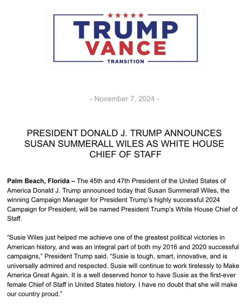 BREAKING:

President Trump just announced that Susie Wiles will be his Chief of Staff in the White House. 

Susie is now the first female Chief of Staff in US history. 

Congratulations to Susie Wiles!
