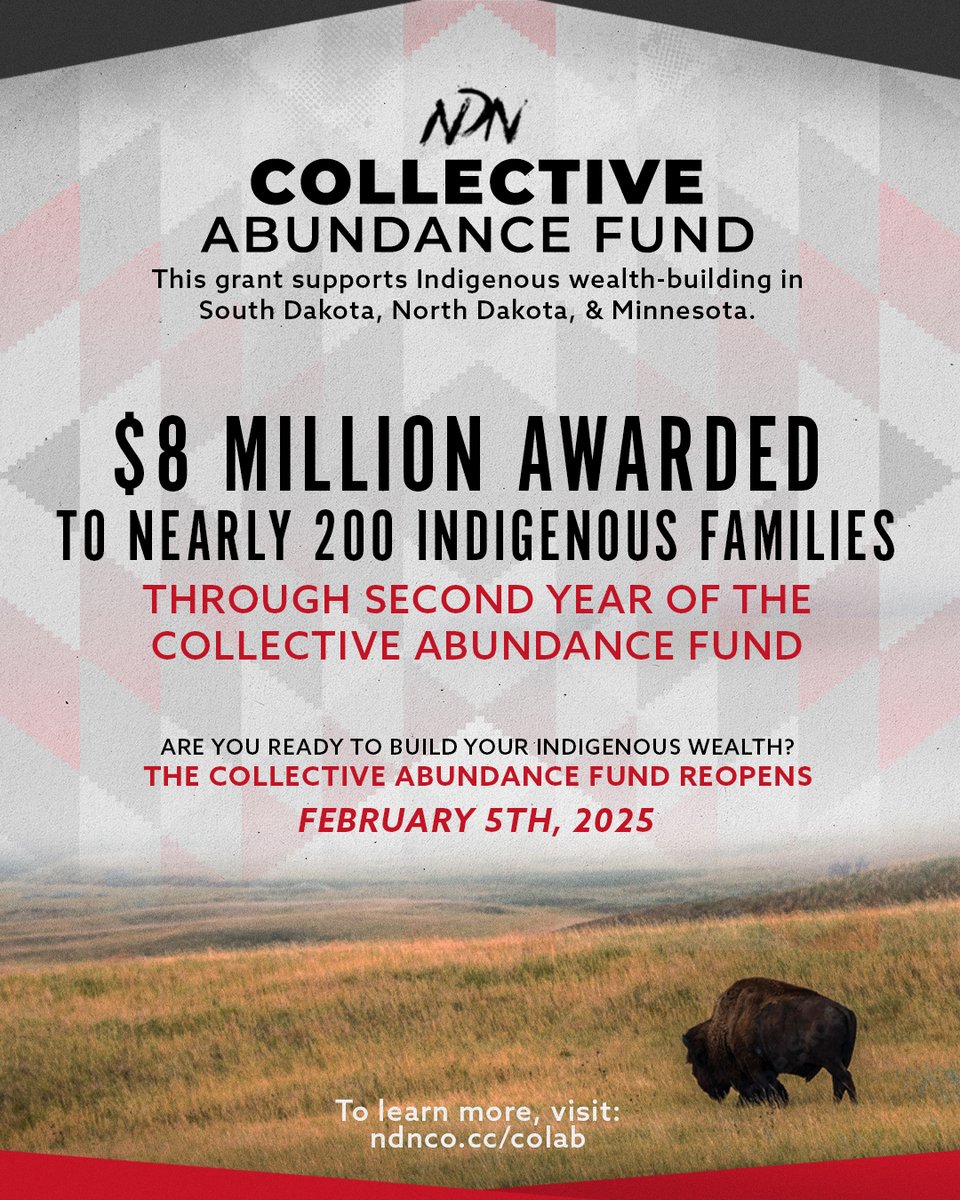This is NDN Collective’s second year distributing $8 million dollars to nearly TWO HUNDRED relatives through our Collective Abundance Fund. 

📖 To learn more, read our recent press release: ndnco.cc/ncdaetcaf 

The Collective Abundance Fund reopens February 5, 2025  👀