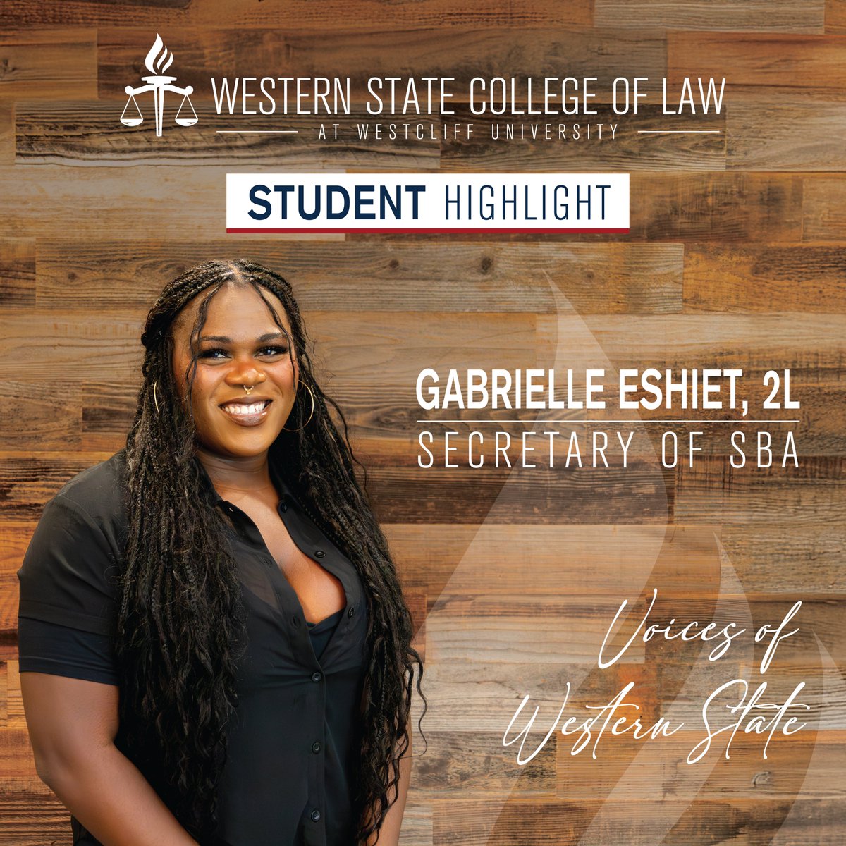 Meet Gabrielle Eshiet, a 2L student at #WesternStateLaw and Secretary of the Student Bar Association. Her passions include Labor and Employment Law. Learn more about her role models and her advice for avoiding burnout, here: wsulaw.edu/news/meet-your…

#WesternStateProud #SBA