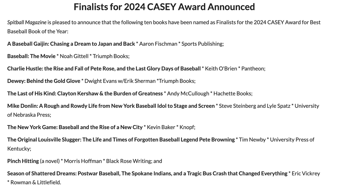 Whoa! Looks like BASEBALL: THE MOVIE has been nominated for Best Baseball Book of the Year. 

It's an honor to be mentioned in the same breath as Andy McCullough, Kevin Baker, Keith O'Brien, and all these other great baseball people