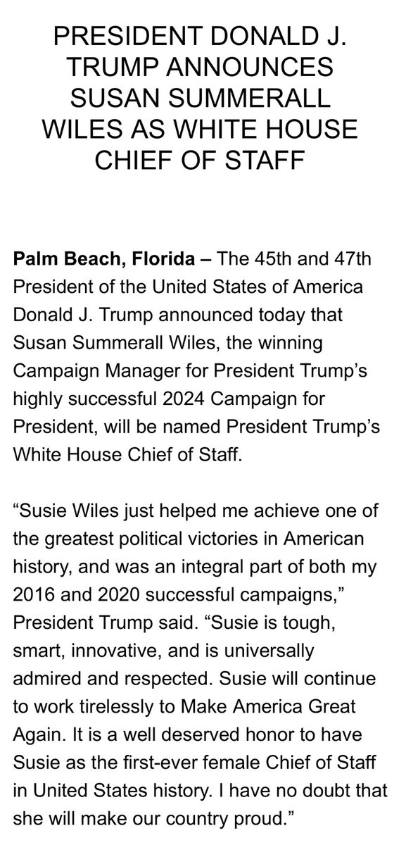 Trump announces that Susie Wiles, who co-led his 2024 campaign, will be chief of staff, the first woman ever to hold that role