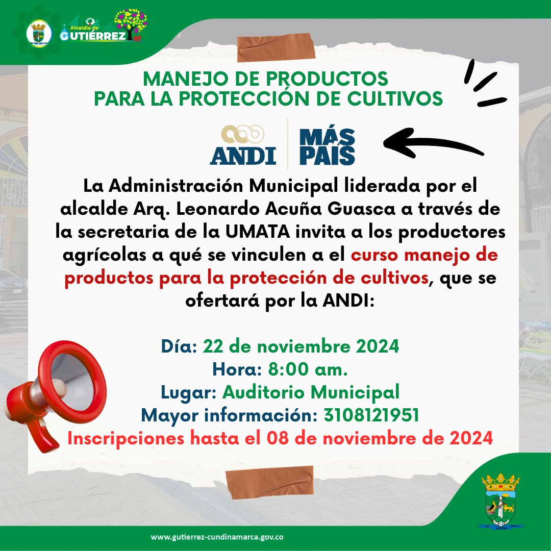 CURSO MANEJO DE PRODUCTOS PARA LA PROTECCIÓN DE CULTIVOS.

La Administración Municipal  a través de la secretaria de la UMATA invita a los productores agrícolas a qué se vinculen a el curso Manejo de productos para la protección de cultivos, que se ofertará por la ANDI: