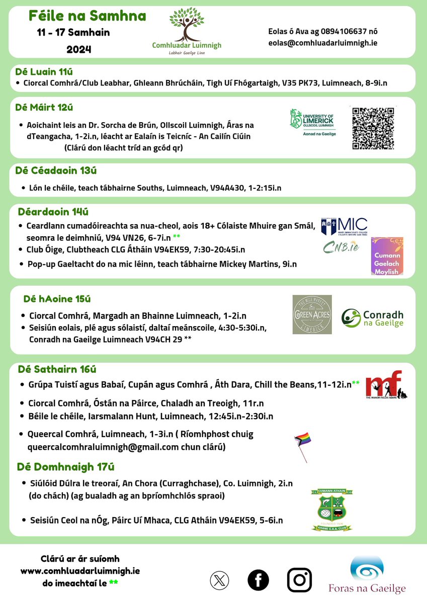 ✨Clár Féile na Samhna 2024✨

Táimid ar ais lenár bhféile bhliantúil Féile na Samhna, ag tosú ar a Luan seo chugainn go dtí an 17 Samhain. Bígí linn! 

Is féidir libh clárú do na himeachtaí atá marcáilte ** ar ár suíomh idirlíne comhluadarluimnigh.ie.