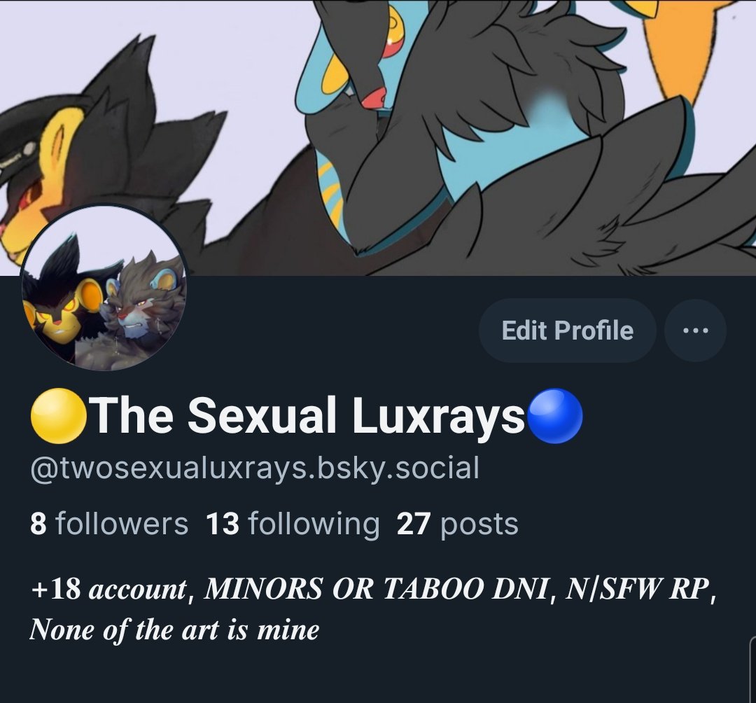 So I make a account on 🟦Sky, and I mostly will be there posting stuff and doing rp

 but for a few weeks I will wrapping stuff up here but go follow if you more of these two fine luxrays~