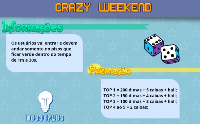 💡¦ CRAZY WEEKEND: Skate

Um projeto organizado pelo Plus sempre na sexta-feira deixando o evento aberto até domingo!

vai ocorrer no dia 08/11 (sexta-feira), as 19h br!

acesse: ironhotel.org
Confira a imagem abaixo: