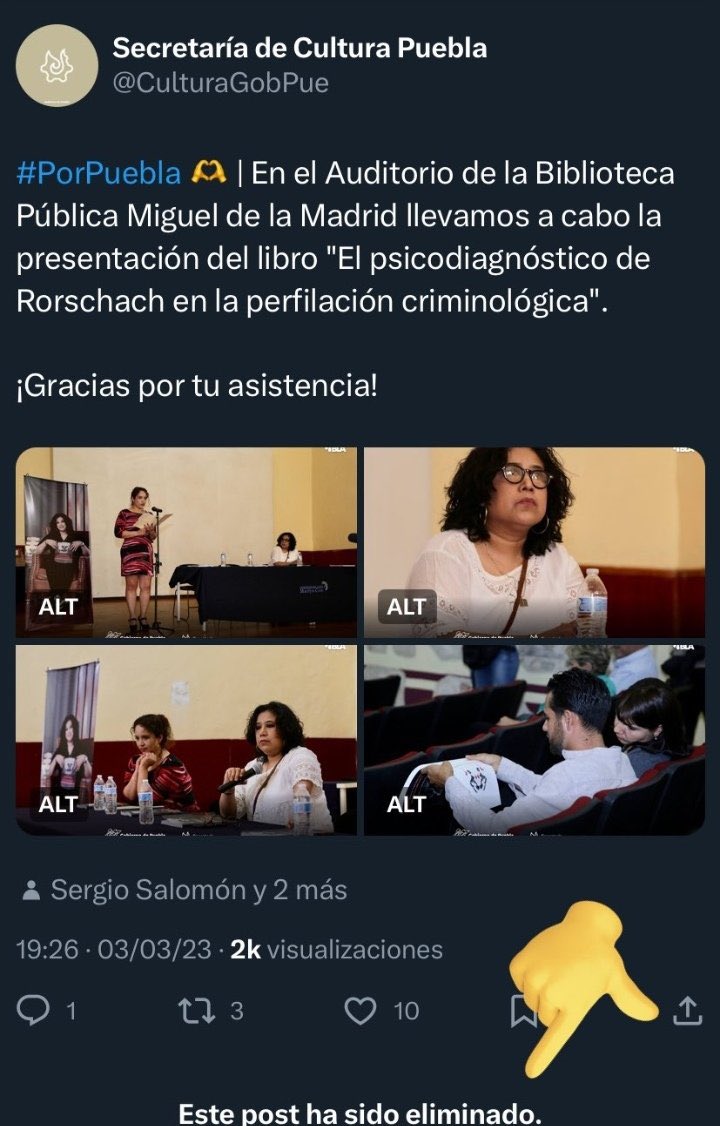 ¿Qué creen? A qué no saben quién le hizo presentación al libro imaginario de la no doctora #MarilynCote???

La secretaria de cultura de <a href="/Gob_Puebla/">Gobierno de Puebla</a> <a href="/CulturaGobPue/">Secretaría de Arte y Cultura Puebla</a>, los morenarcos siempre presentes en los mejores plagios y mentiras. 😎

¿Por qué  habrán borrado el tuit? 🤔

Un
