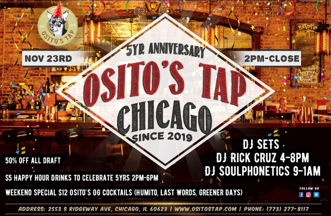 OsitosTap's tweet photo. 🎈 It’s Party Time! 🎈

🥳 50% Off All Drafts! 

🍹 $5 Happy Hour Drinks (2 PM - 6 PM) 

🍸$12  Weekend Cocktail Specials 

Complementary 5yr Anniversary Pins for every Drink/Food order over $50 per person! (Limit 6 Pins per table)

🎶 DJ Lineup to Keep the Party Pumpin'! https://t.co/uvE9ZY49Yl
