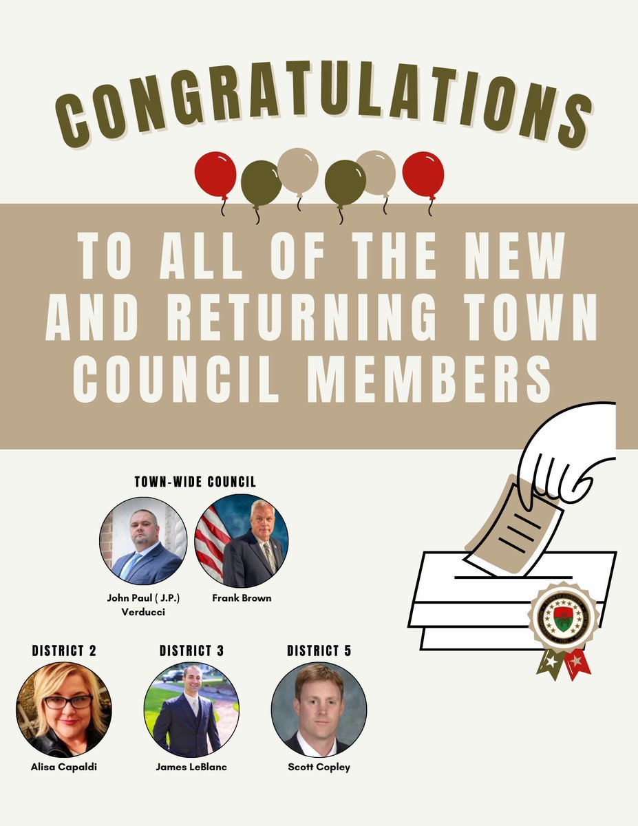 Now that election day is over and the votes have been tallied, I would like to congratulate all of the newly elected and re-elected candidates that will be making up our Town Council for the next two years👏🏻. I look forward to working with each of you in servicing our community!