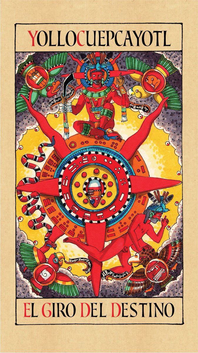 An indigenous version of “The Wheel of Fortune” card from the Mexican Tarot Yohualli Ehecatl (which I painted)