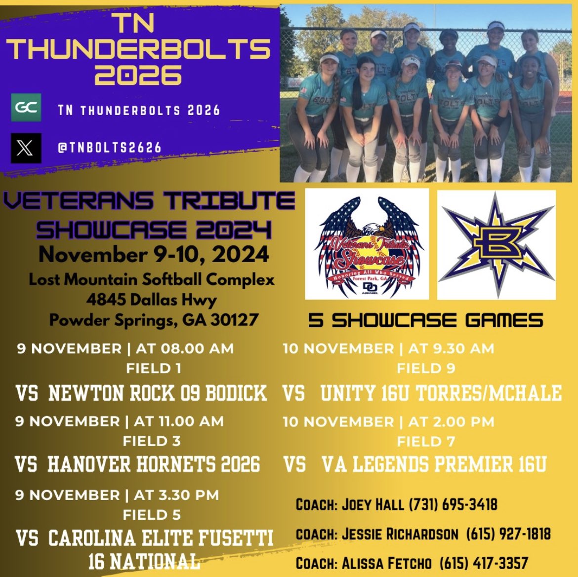 Alyssa Wilson (@alyssa_wilson14) on Twitter photo So excited to play Veterans this weekend in Atlanta!! Come check us out or tune in via Game Changer!! 💛💜
<a href="/tnbolts2026/">TN Thunderbolts 2026</a> <a href="/_TimWalton/">Tim Walton</a> <a href="/UACoachMurphy/">Patrick Murphy</a> <a href="/UGACoachTony/">Tony Baldwin</a> <a href="/DukeCoachYoung/">Marissa Young</a> <a href="/coachmegsmith/">Megan Smith Lyon</a> <a href="/ashleychastain/">Ashley Chastain Woodard</a> <a href="/CoachMalveaux/">Chris Malveaux</a> <a href="/KateMalveaux/">Kate Malveaux</a> <a href="/UKCoachLawson/">Rachel Lawson</a> <a href="/CoachLarissaA/">Larissa Anderson</a> <a href="/StaceyJW26/">Stacey Johnson-Whitfield</a> So excited to play Veterans this weekend in Atlanta!! Come check us out or tune in via Game Changer!! 💛💜
<a href="/tnbolts2026/">TN Thunderbolts 2026</a> <a href="/_TimWalton/">Tim Walton</a> <a href="/UACoachMurphy/">Patrick Murphy</a> <a href="/UGACoachTony/">Tony Baldwin</a> <a href="/DukeCoachYoung/">Marissa Young</a> <a href="/coachmegsmith/">Megan Smith Lyon</a> <a href="/ashleychastain/">Ashley Chastain Woodard</a> <a href="/CoachMalveaux/">Chris Malveaux</a> <a href="/KateMalveaux/">Kate Malveaux</a> <a href="/UKCoachLawson/">Rachel Lawson</a> <a href="/CoachLarissaA/">Larissa Anderson</a> <a href="/StaceyJW26/">Stacey Johnson-Whitfield</a>