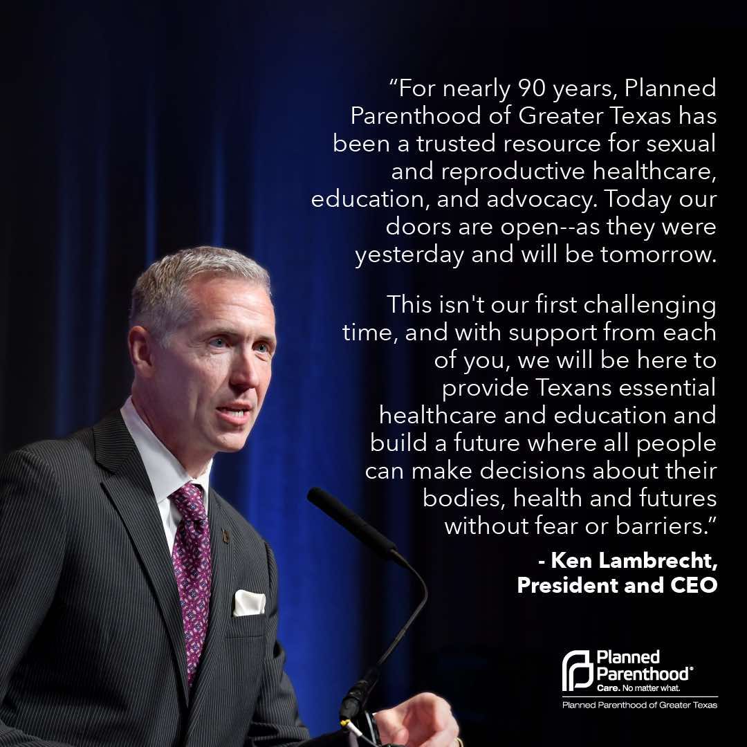 PPGreaterTX's tweet photo. A statement from Ken Lambrecht, PPGT President and CEO. To get involved, visit: https://t.co/m7VdV5c4Vr

#PlannedParenthood #Health #Healthcare #Texas https://t.co/lp6eTE2a3I