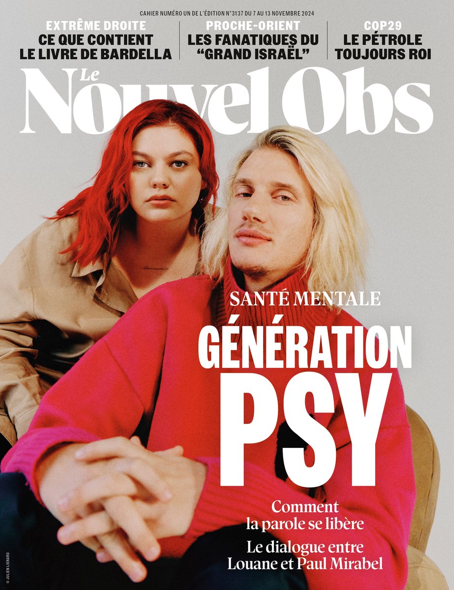 Prendre soin de sa santé psychique, ne plus hésiter à dire qu'on va mal ou qu'on consulte un psy: Louane et Paul Mirabel sont à la Une du <a href="/Le_NouvelObs/">Le Nouvel Obs</a> pour porter la belle libération de la parole qui s'opère sur la santé mentale