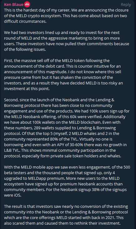 BullishDumpling's tweet image. So many questions unanswered regarding Meld dump, we'd appreciate if you could help @kenblaue please

1. 100k signups and supposedly 60k of which are *verified*, plus 100k wallets on Meld blockchain, yet less than 300 users, how?

2. *Future* round of investors got scared, but…