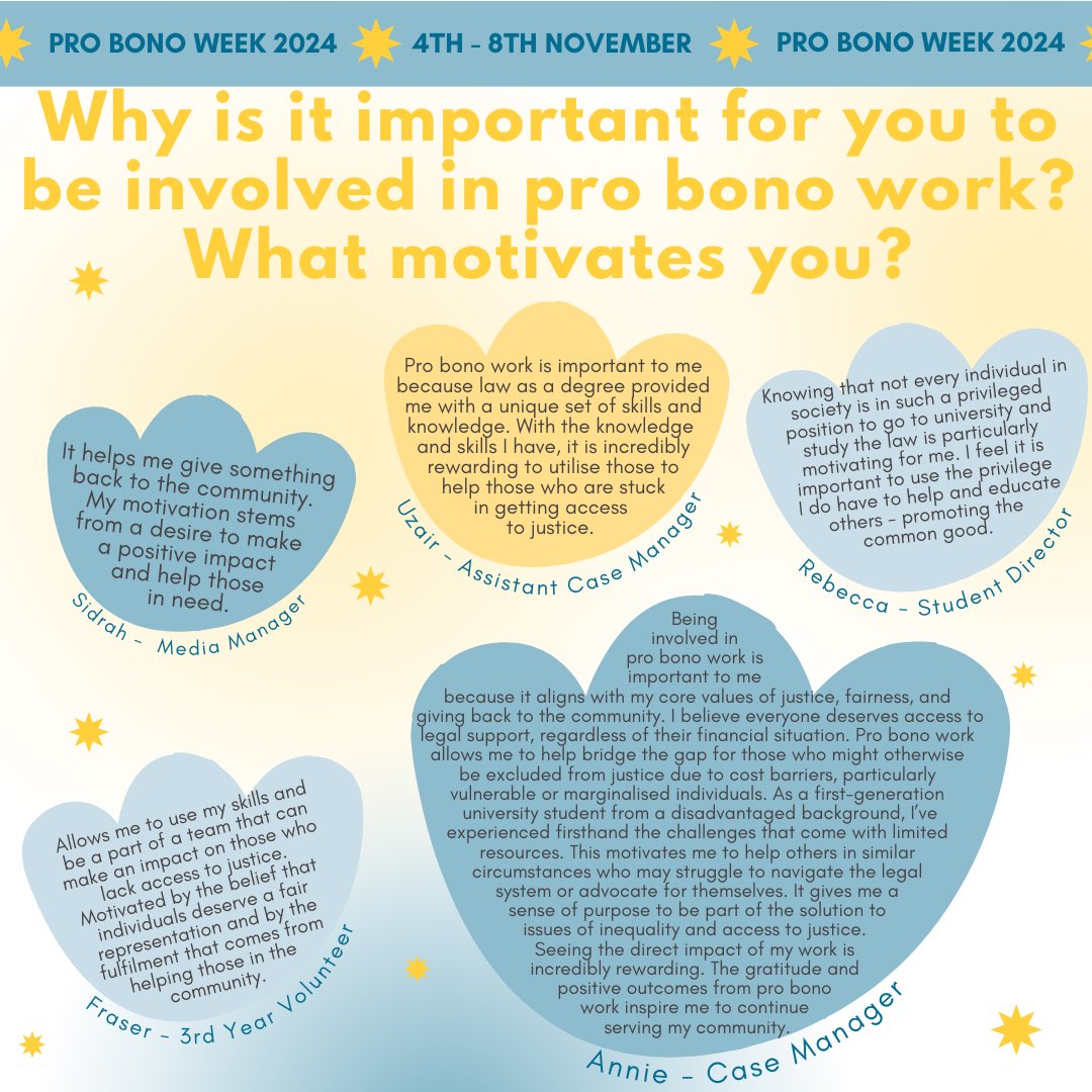 GCULawClinic_'s tweet photo. As part of our continued celebration of Pro Bono Week, we shared our thoughts on how we embed pro bono into our work, as well as what motivates us to participate in the Law Clinic. 💭

@probonoskills @ProBonoWeekUK @Law_Works 
#probono #probonomatters #gcu https://t.co/iG4oYsmJmA