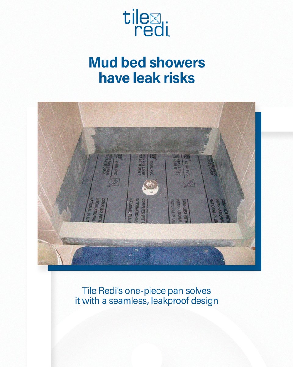TileRedi's tweet photo. Tired of dealing with multiple leak points in mud bed showers?

Mud beds require a time-consuming process, with layers that increase the risk of leaks. With Tile Redi's one-piece shower pans, you skip the hassle—no mud setting, no waterproofing layers, and no leaks. https://t.co/EMrTMcT91q