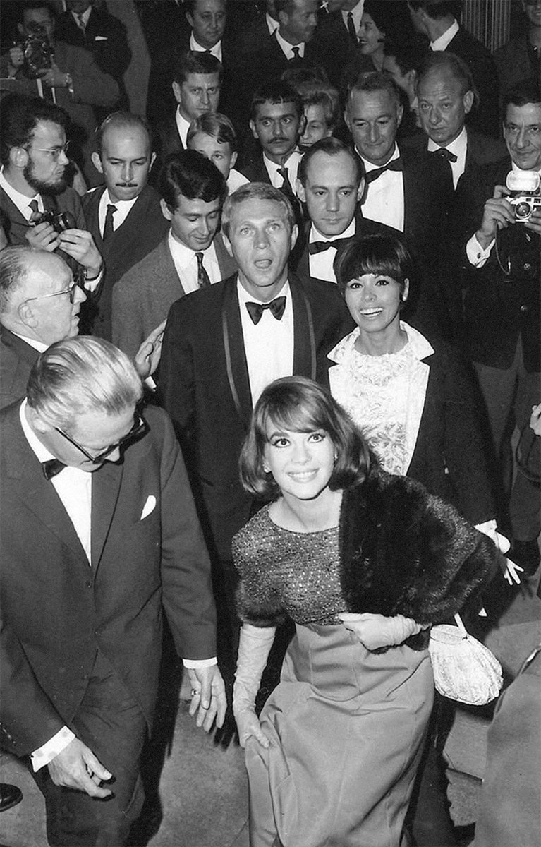 Steve McQueen, wife Neile Adams, and Natalie Wood arrive at the French premiere of LOVE WITH THE PROPER STRANGER in Paris, France, on September 18, 1964 #SteveMcQueen #NatalieWood