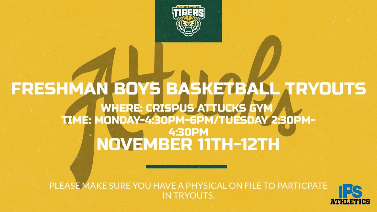 Boys Basketball Tryout Information 
Dates Nov 11th-12th 
Freshman will have separate tryouts from the Sophomore to Senior Group! Please make sure you have a physical on file! <a href="/IPSAthletics/">IPS Athletics</a> <a href="/CAttucksIPS/">Crispus Attucks High School</a>