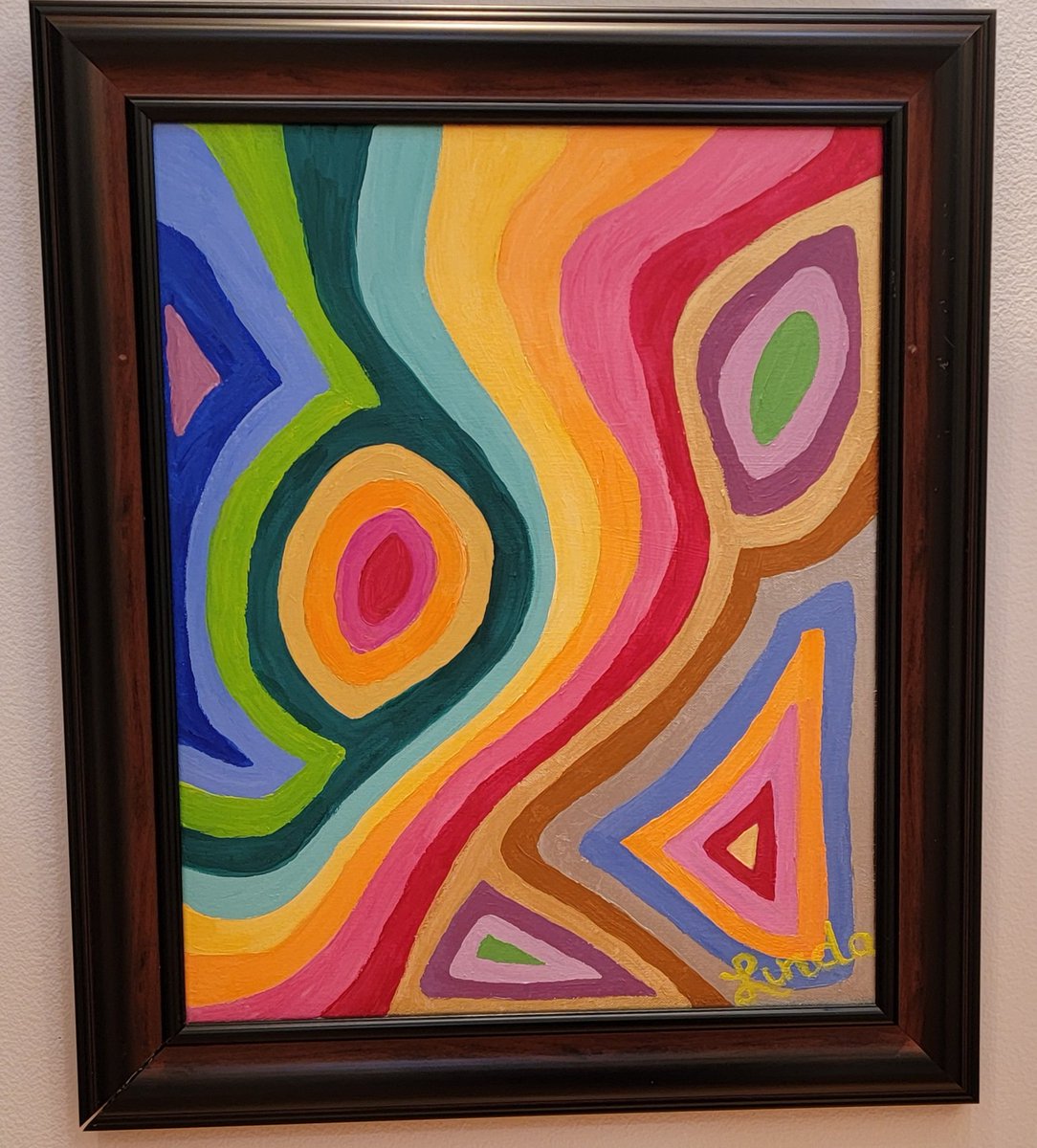 The Favorites show reception is going on now until 7:30! Come join us! This is Fun with Colors acrylic by Linda Harrington $180. #acrylic  #Abstract #abstractart