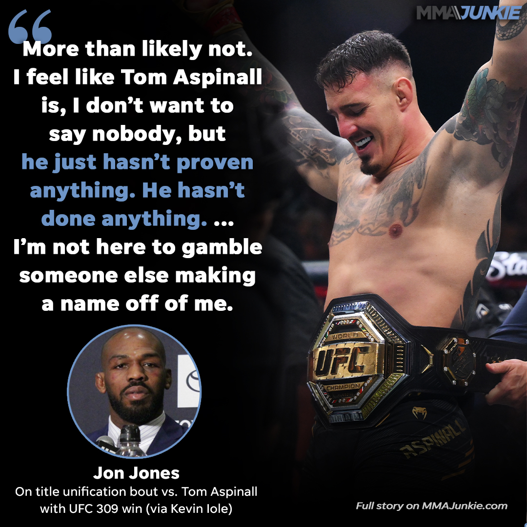 MMAJunkie's tweet photo. Jon Jones says Tom Aspinall "hasn't done anything" to earn a UFC title unification fight after #UFC309. https://t.co/oxi06pNGRR