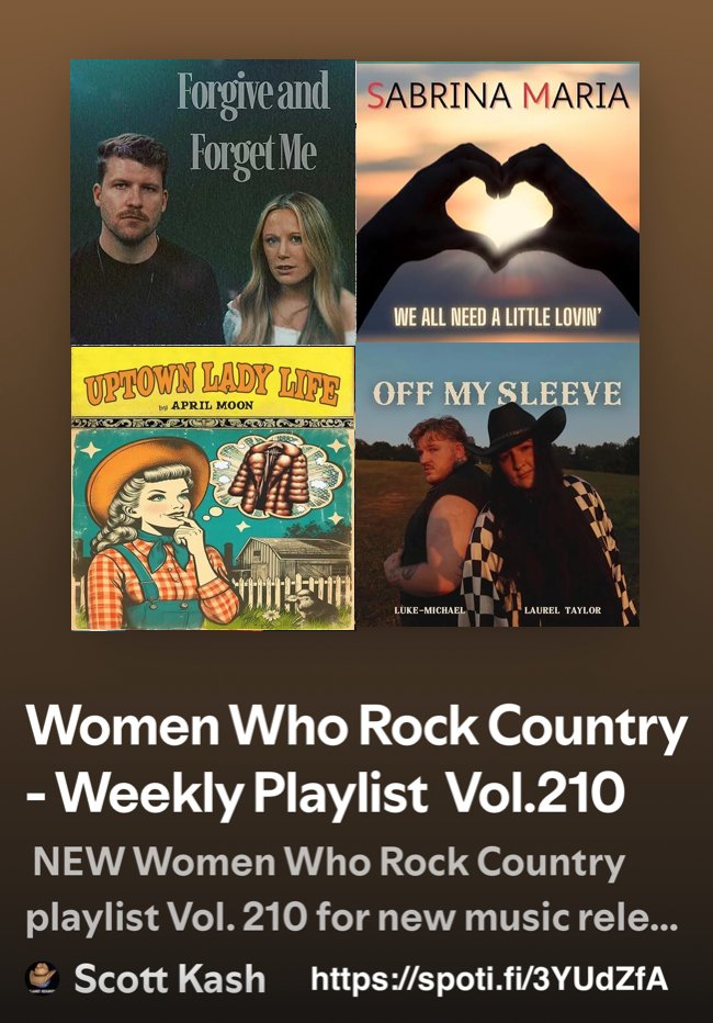 Scott Kash (@scottkash88) on Twitter photo NEW #WomenWhoRockCountry playlist vol.210 with the best new collabs/duos/groups
<a href="/kelsey_lamb/">Kelsey Lamb</a>/#FrankLegeay
<a href="/SabrinaMariaMus/">Sabrina Maria</a>/#LeighWall
<a href="/aprilmoonband/">APRIL MOON</a> - Unknown Lady Life
#LaurelTaylor/<a href="/imlukemichael/">LUKE-MICHAEL</a>
+MORE
#Spotify
spoti.fi/3YUdZfA
#NewMusic2024 #Country NEW #WomenWhoRockCountry playlist vol.210 with the best new collabs/duos/groups
<a href="/kelsey_lamb/">Kelsey Lamb</a>/#FrankLegeay
<a href="/SabrinaMariaMus/">Sabrina Maria</a>/#LeighWall
<a href="/aprilmoonband/">APRIL MOON</a> - Unknown Lady Life
#LaurelTaylor/<a href="/imlukemichael/">LUKE-MICHAEL</a>
+MORE
#Spotify
spoti.fi/3YUdZfA
#NewMusic2024 #Country