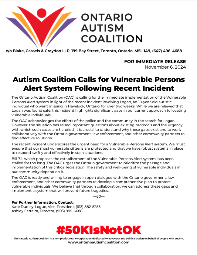 OntAutism's tweet photo. Please read our latest press release about Bill 74: Amendment to the Missing Person's Act. #PassBill74NOW #onpoli #onted  #AutismIsLifelong #50KIsNotOK #WeHaveReceipts #DontLookAwayOntario https://t.co/lzlo5iU0kT