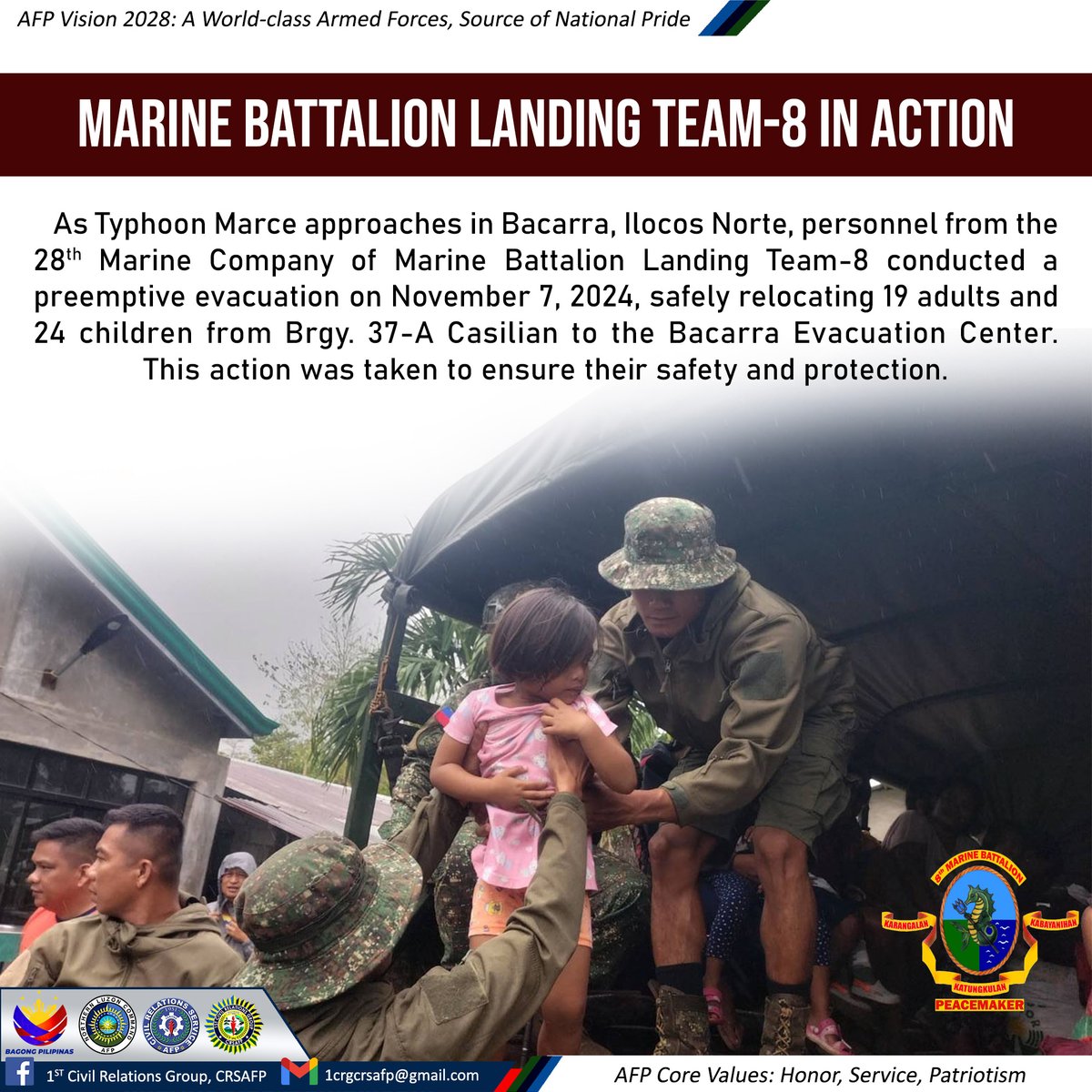 1CRGCRSAFP's tweet photo. The 28th Marine Company of Marine Battalion Landing Team-8 conducted a preemptive evacuation on November 7, 2024, safely relocating 19 adults and 24 children from Brgy. 37-A Casilian to the Bacarra Evacuation Center. This action was taken to ensure their safety and protection. https://t.co/N1Hi3IWiGr