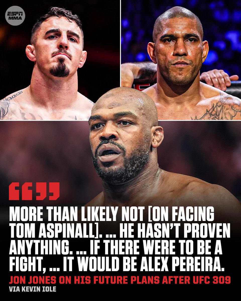 espnmma's tweet photo. Jon Jones revealed he would rather fight Alex Pereira than Tom Aspinall if he defeats Stipe Miocic at #UFC309 due to "legacy." https://t.co/FoQXzCszCB