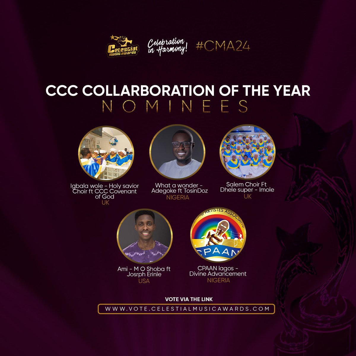 CelestialAwards's tweet photo. Meet the Nominees for CMA 2024 
- CCC COLLABORATION OF THE YEAR 

.
.

💫 Date: December 7th, 2024
📍 Location: The Balmoral Hall, Ikeja, Lagos (Invitation Neccessary)

#PowerInWomen #CCCWomenInMusicMonth #Celestialmusiccommunity #Gospelawards #Cma24 #realcelestial  #realcelestian #explore #realcelestian #weintheccc  #celestialheritage  #7halleluyahcelestial #ccccentralchoir  #omocelemimo🌈🌈🌈