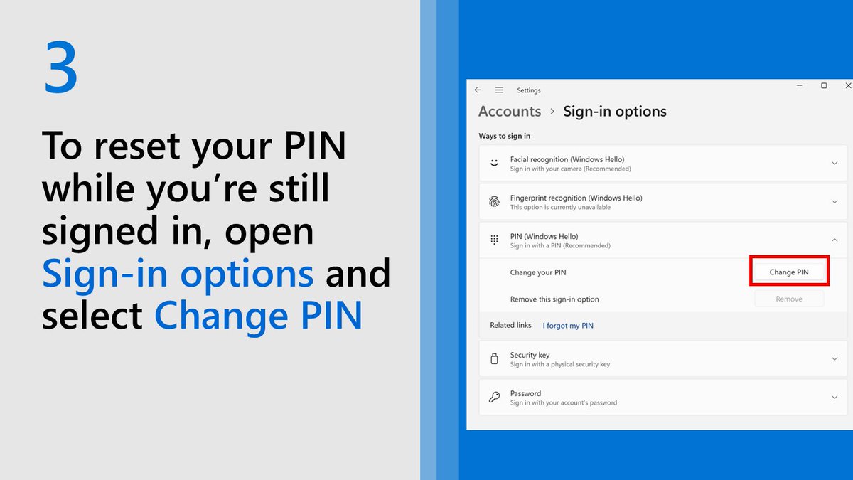 MicrosoftHelps's tweet photo. A PIN is securely stored on your device, it isn’t transmitted anywhere, and it isn’t stored on a server.

All of which is great, unless you can't remember it. Here's how to change it if you aren't signed in: https://t.co/xppuZLywrl https://t.co/eqtLi7bK1i