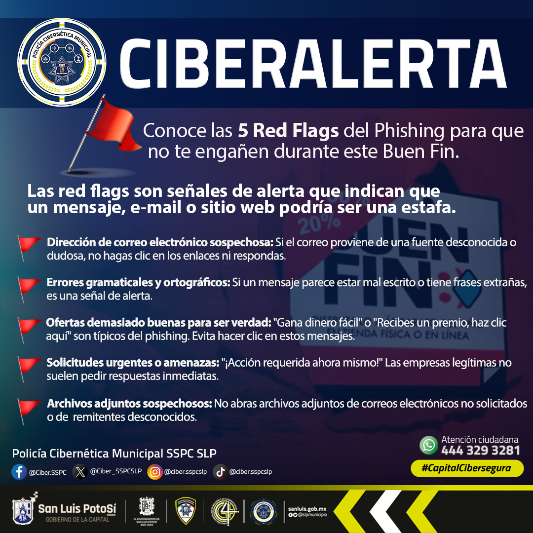 Ciber_SSPCSLP's tweet image. 🚨 CIBERALERTA 🚨
Conoce las 🚩 5 Red Flags del Phishing para que no te engañen durante este Buen Fin.
Las red flags son señales de alerta que indican que un mensaje, e-mail o sitio web podría ser una estafa.
Abrimos 🧵...