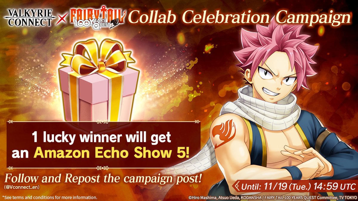 vconnect_en's tweet photo. FAIRY TAIL 100 YEARS QUEST x #ValkyrieConnect Collab🎉

1 lucky winner gets an Amazon Echo Show 5🎁✨

★Entry★
1⃣Follow @Vconnect_en
2⃣Repost this campaign post🔃
⚠Until: 11/19 (Tue.) 14:59 UTC

More Info👉https://t.co/ctsyMyEr9a

#FAIRYTAIL 
#FT100YQ https://t.co/hbZHMC60lZ